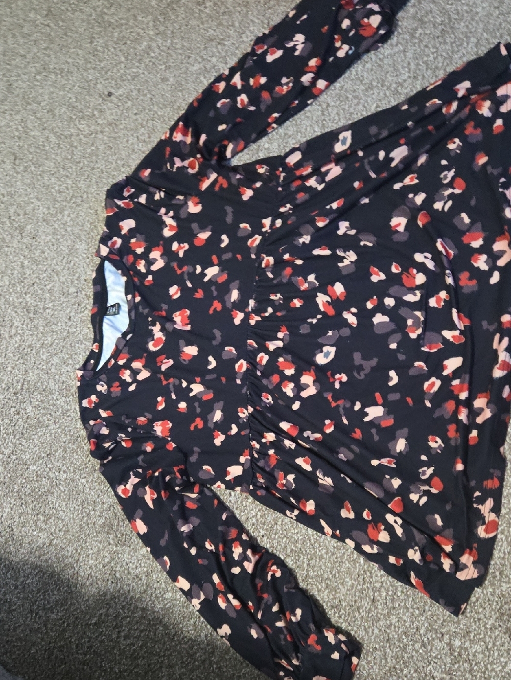 SHEIN Black Long Sleeve Floral Peplum Top with Red & Pink Accents
